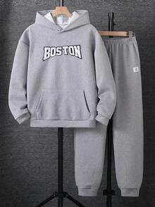 Vacaura 2pcs/Set Teenager Male Grey Textured Fabric English Embroidered Hoodie And Sweatpants,Casual Sporty Back-To-School Autumn Streetwear White Graduation - Multicolor - View 3