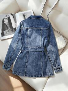 GlowEve Women's Lapel NeckLong Sleeve Metallic Floral Decor Casual Denim Blouse Denim Jacket Women Jean Jacket With Belt Women's Denim Outerwear Long Sleeve Denim Jacket Denim Coat With Belt - Blue - View 2