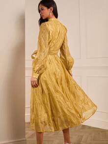 Lilora Elegant Solid Gold Jacquard Mandarin Collar Button Front Waist Gathered Puff Sleeve Long Sleeve Dress For Women, Autumn/Winter,Vintage,Party,Valentine's Day,Dance Party,Holiday,Wedding Guest,Party Dresses,New Years,Western,Old Money,Gown For Prom Night,Prom,Printemps à été,Going Out,Vintage,رمضان,Spring To Summer - Yellow - View 5