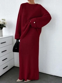 EURMUSE مجموعة كنزة صوفية وتنورة سميكة بلون أحادي للنساء - عنابي اللون - مشاهدة 1