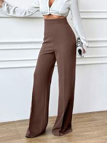 SHEIN Tall Pantalon décontracté ample taille haute de grande taille pour femmes, couleur unie, longueur intégrale - Tabac - Voir 6