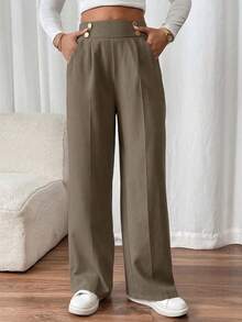 SHEIN PETITE CURVE Quần ống đứng hai khóa thanh lịch cỡ lớn dành cho nữ đi làm - Màu nâu  Mocha - Xem 4
