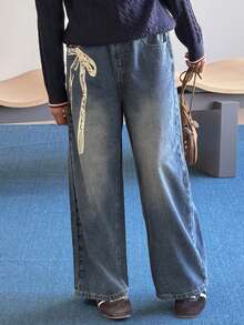 DAZY Tween Girls' Bow Print Wide Leg Jeans - Blue - View 4