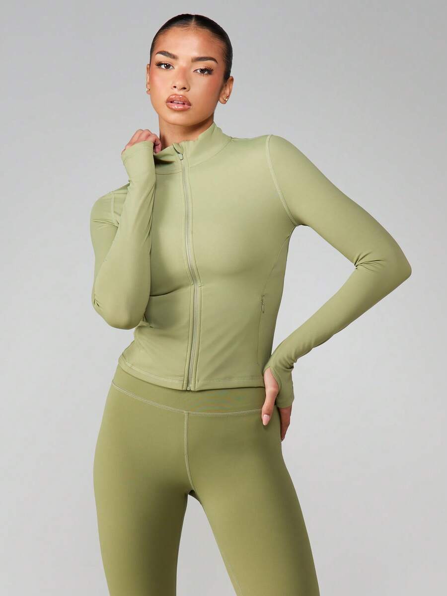 MISSGUIDED 女士长袖运动拉链高领外套，带拇指孔和侧袋，适合运动穿着 - 綠色 - 查看 1