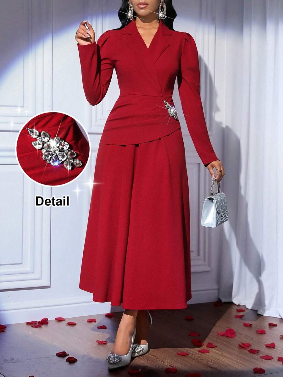Fleurora Rochie elegantă de damă, de culoare vișinie, cu mâneci bufante, rever și decorațiuni cu strasuri - Burgundia - Vizualizare 1