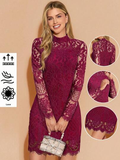 Amorya Vestido de mujer con dobladillo de encaje elegante, nueva llegada de otoño, vestido de manga de encaje blanco