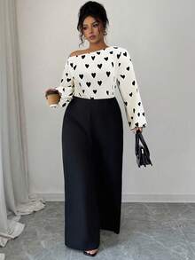 Elenzga Bộ jumpsuit nữ vai lệch tay dài ống rộng họa tiết tim phối patchwork, đen trắng, mùa thu, thanh lịch, thời trang cho khách mời đám cưới và hẹn hò Valentine - Nhiều màu - Xem 5