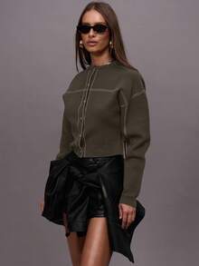 MUSERA Áo len cổ tròn cài khuy phía trước, ôm eo, phối đường chỉ tương phản, thích hợp cho buổi tối mùa đông, đi chơi, phong cách đường phố, dễ thương, đi học, gợi cảm, không cắt xẻ, dự tiệc tối, thanh lịch, mùa đông, xuân, hè, kỳ nghỉ. - Màu nâu Sô-cô-la - Xem 3