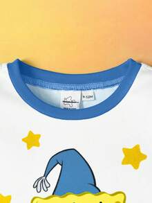 SpongeBob SquarePants | SHEIN Bộ đồ ngủ dài tay cổ tròn họa tiết hoạt hình kèm quần dài dệt kim thoải mái co giãn thường ngày cho bé trai - trắng - Xem 3