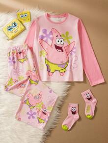 SpongeBob SquarePants | SHEIN Tween Girl Cartoon Pattern Cute & Comfortable Long Sleeve T-Shirt And Pants Pajama Set - Pink - View 1