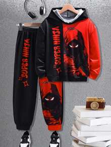 Fantacosmos 2 件 Tween Boy 街头风格数码印花连帽衫和运动裤套装