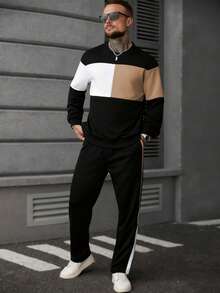 Manfinity Homme Men's Contrast Color Drop Shoulder Long Sleeve Loose Casual Pullover Sweatshirt Set Men's Two Pieces Set Tuxedo Men's Jogger Set Men Tracksuit Sets Men 2 Pieces Sweatsuit Hodddie Old Money,Daily Leisure, Weekend Trips, Outdoor Activities, Travel Expeditions, Relaxed Work Environments Or Semi-Formal Occasions, Boyfriend/Husband Gift, Anniversary /Birthday Gift Party Christmas New Years - Black - View 4