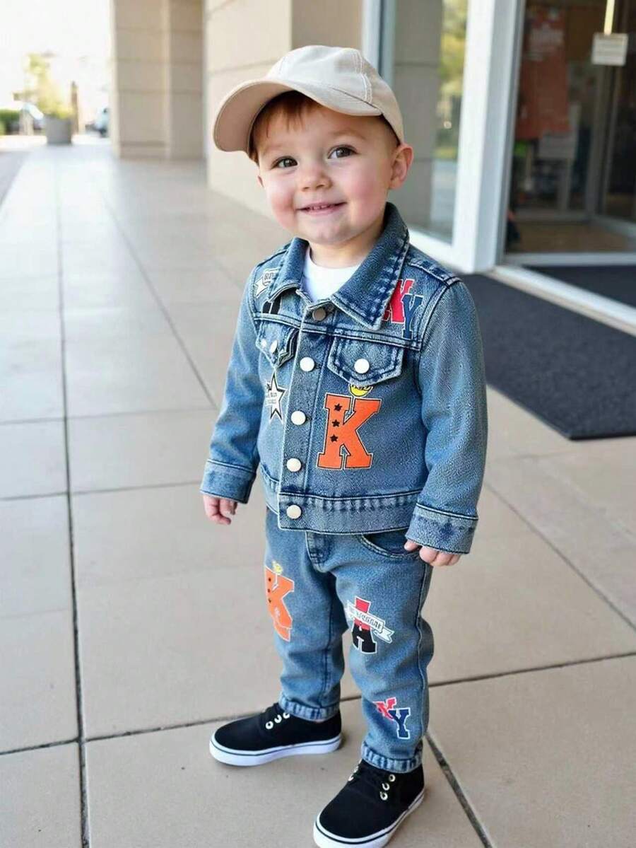 SHEIN Playful Pals 2pcs Baby Boys Retro Blue Denim Outfit,Collared Long Sleeve Jacket With Letter Print And Elastic Waist Wide Leg Pants,Casual Back-To-School Autumn Set - Medium Wash - View 1