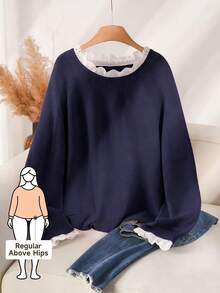 CosyJoli 大码休闲蕾丝拼布圆领粉色网眼套头毛衣女秋冬装 - 藏蓝色 - 查看 1