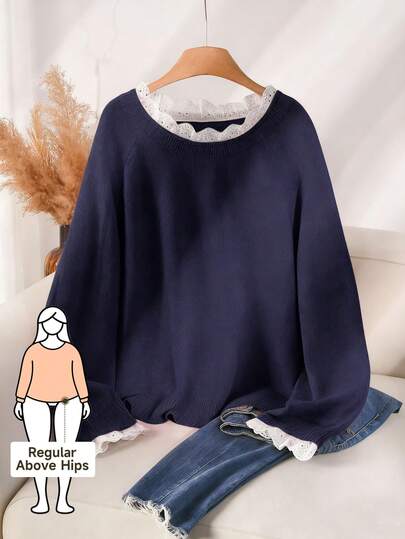 CosyJoli 大码休闲蕾丝拼布圆领粉色网眼套头毛衣女秋冬装