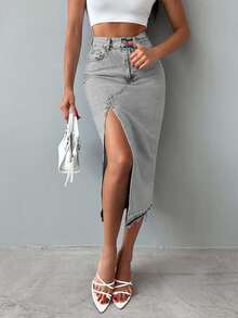 EURMUSE Minissaia jeans feminina casual lavada com fenda alta - Cinza - Ver 5