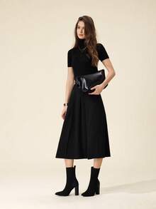 CUCCOO BASICS 女士时尚黑色针织弹力面料尖头粗跟中筒靴，修身长靴，适合通勤、约会、派对、度假 - 黑色 - 查看 8