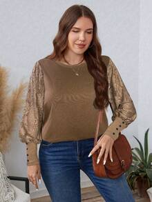 SHEIN LUNE 大码女装春秋季圆领撞色蕾丝长袖优雅衬衫，白色上衣，商务休闲派对亮片假日款 - 駝色 - 查看 3