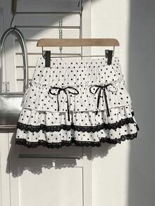 Elamini 1件黑白波点印花低腰蝴蝶结蕾丝荷叶边休闲派对可爱女士迷你裙 - 黑與白 - 查看 5
