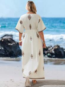 Sylviya Women's White And Brown Boho Summer Vacation Maxi Dress,Floral Print Cross V-Neck Sleeveless Flowy Sun Dresses,Holiday Beach Outfits,Country Concert - Multicolor - View 2