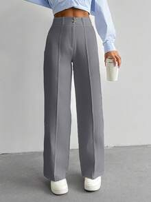EURMUSE 女士纯色牙签条纹直筒休闲裤 - 灰色 - 查看 5