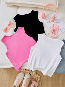 Sparklyn Set de 3 tops de tirantes con estampado de corazón de moda para chicas adolescentes, de estilo casual - Blanco - Ver 2