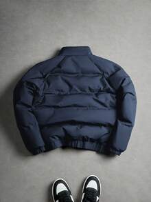 PAVTROS 男士极简印花长袖摩托车立领绗缝外套 - 藍色 - 查看 2