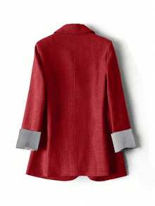 Franclia Áo khoác Blazer nữ cổ bẻ dài tay kẻ sọc xám chắp vá - Màu Đỏ Sâu - Xem 2