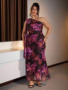 SHEIN BAE 大码优雅派对花卉印花连衣裙 - 黑色 - 查看 1