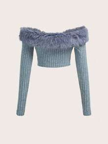 Sweetina 秋冬露肩毛绒饰边短款粉色夹克 - 霧霾藍 - 查看 2