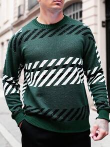 Manfinity Homme Men's Contrast Color Pattern Crew Neck Long Sleeve Sweater, For Winter - Green - View 6