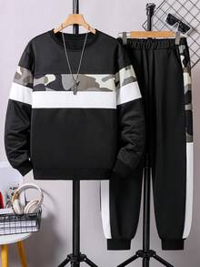Vacaura 2 Pcs Casual Set For Teens,Camouflage Paneled Round Neck Long Sleeve Sweatshirt Matching With Side Stripe Joggers Pants,Black,Autumn,Streetwear Chic - Black - View 3