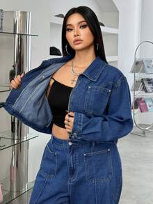 SHEIN ICON 大码女式休闲水洗无弹力外套 - 中等水洗藍 - 查看 6