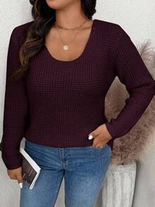 SHEIN Frenchy Suéter holgado de punto de gofre de unicolor con lazo decorativo en la espalda - Rojo violeta - Ver 3