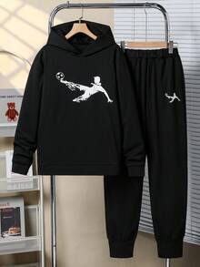 Vacaura 2件套青少年男童时尚休闲运动足球图案长袖运动衫套装 - 黑色 - 查看 3