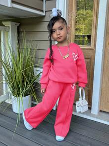 Young Girl Casual Heart Print Knit Solid Color Loose Drop Shoulder Long Sleeve Sweatshirt And Wide Leg Sweatpants Set Sweats For Girls Young Girls Girl 2 Piece Sets