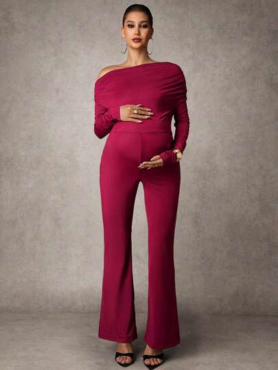 MaterniChic Maternity Casual Solid Color Asymmetrical Shoulder Flare Pants Jumpsuit, Autumn