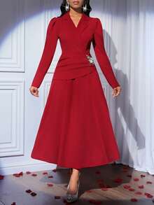 Fleurora Rochie elegantă de damă, de culoare vișinie, cu mâneci bufante, rever și decorațiuni cu strasuri - Burgundia - Vizualizare 6