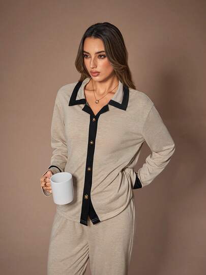 Lazeform Women's Autumn/Winter Turndown Collar Cardigan & Wide Leg Long Pants Pajama Set Women Loungewear Comfy Pajamas Set Western Pajama Set Button Up Pajamas Women Lounge Wear Set