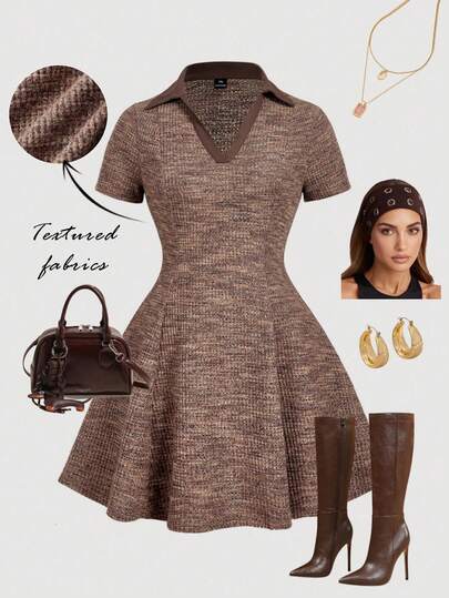 SHEIN MOD Vestido mini de punto con cuello de volantes en color caqui de talla grande - Estilo preppy, años 70, informal, cómodo, para ir y venir, estética de dinero antiguo, perfecto para atuendos escolares, atuendos de enseñanza y ropa de oficina