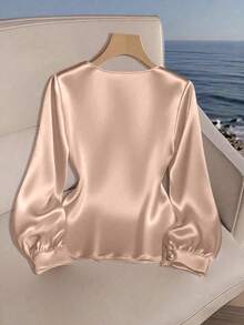 Franclia Women's Casual Poplin Shirt, Asymmetrical Collar Blouse - Pink - View 2
