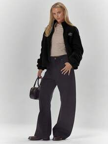 MUSERA High Neck Embroidered Elasticated Toggle Detail Fleece Jacket Cosy Cute Casual Coffee Club Winter Spring - Black - View 3