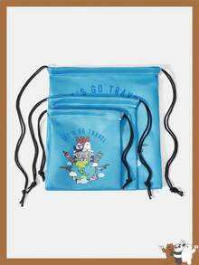 We Bare Bears X SHEIN Cartoon & Letter Print Travel Drawstring Bags, Multi-Size Storage Pouches - Blue - View 2