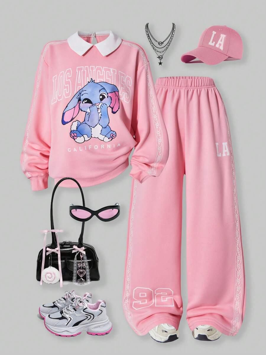 SHEIN ChillGRL Conjunto de 2 piezas para niñas Casuvi: Camiseta de manga larga con cuello redondo y decoración de encaje, y pantalones de pierna ancha de punto con decoración de encaje y estampado numérico, adecuado para uso casual, vuelta al colegio, deportes y vacaciones, primavera/otoño - Rosa - Ver 1