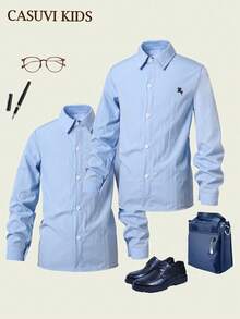 SHEIN Mirajuku 男童休闲百搭假日粉色衬衫，袖口可调节，适合各种场合、学校和日常穿着