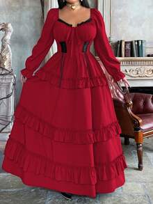 Flirla Vestido elegante con volantes en el bajo, estilo vintage de princesa medieval, adecuado para otoño, invierno y primavera, tallas grandes - Burdeos - Ver 5