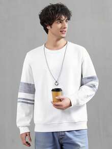 SHEIN Vacaura 男童休闲学院风圆领长袖运动衫，条纹袖子拼接，百搭日常穿着