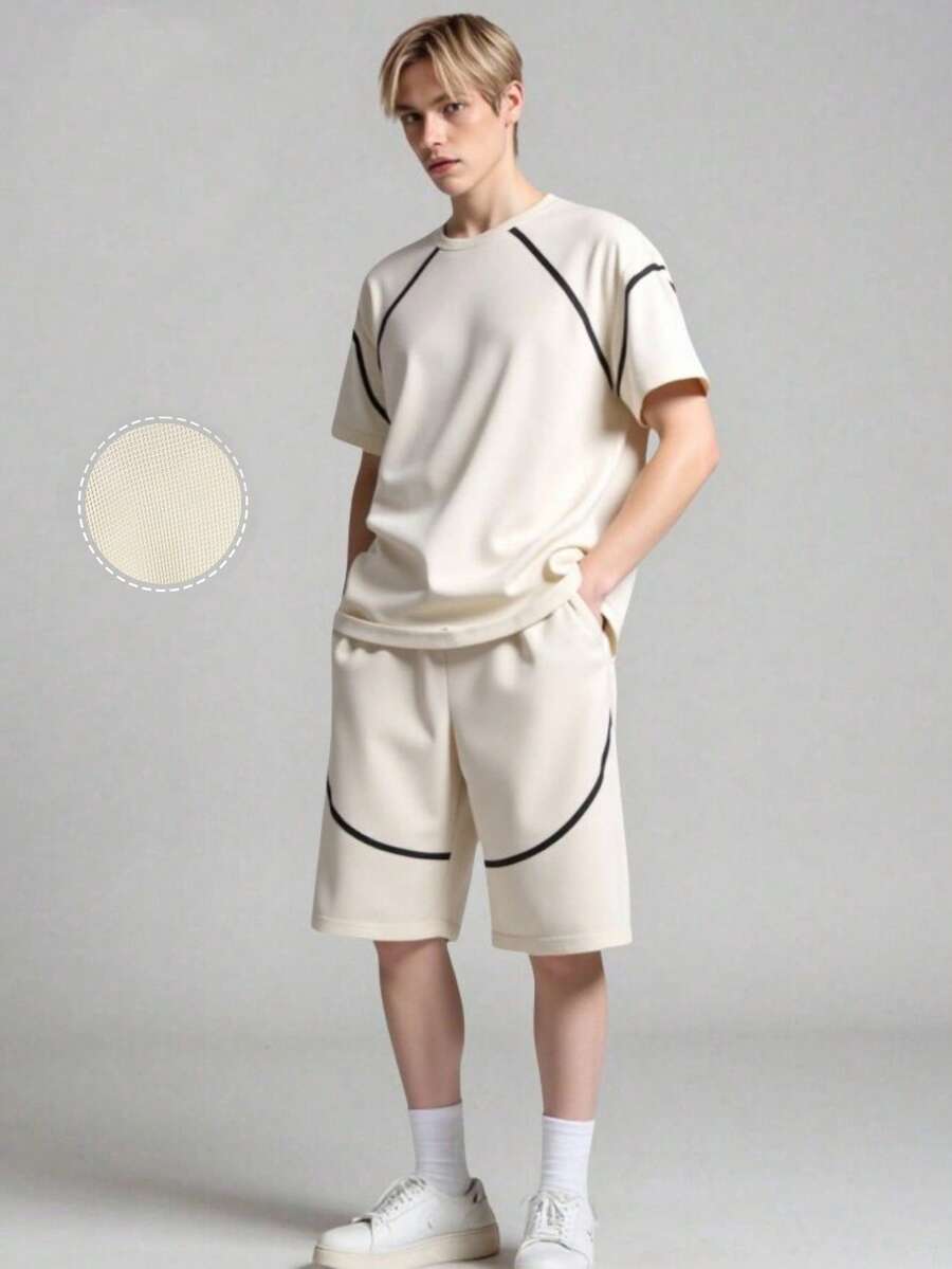 SHEIN Vacaura 2 件套纯色 T 恤和短裤套装,青少年时尚,适合春夏季 - 米色 - 查看 1
