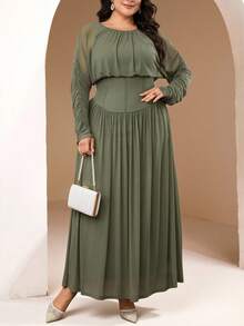 Veilorie Plus Size Solid Color Round Neck Long Sleeve Casual Fishbone Pleated Casual Dress - Olive Green - View 3