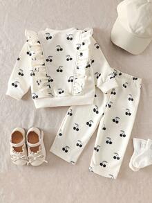 SHEIN 2pcs Baby Girl Cute Sweet Fashion Casual Cream White All Over Black Cherry Fruit Print Pattern Ruffle Trim Long Sleeve Round Neck Sweatshirt Pullover Tops And Elastic Waist Sweatpants Joggers Pants Two Pieces Outfit Sets Thick Soft Clothes For Daily Wear School Party Spring Fall Autumn Winter - Beige - View 6